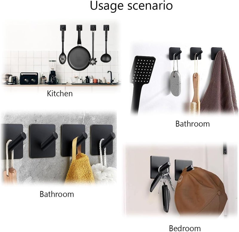 EDMILE Adhesive Towel Hooks 6 Pack, Bath Towel Hooks, Adhesive Wall Hooks for Bathroom Coat Robe Kitchen, Stainless Steel self-Adhesive Hooks, Black - Image 5